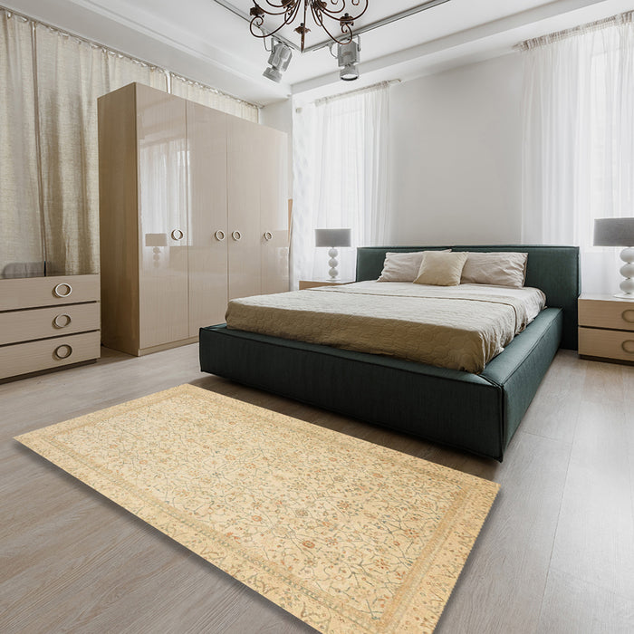 Abstract Brown Gold Oriental Rug in a Bedroom, abs2728