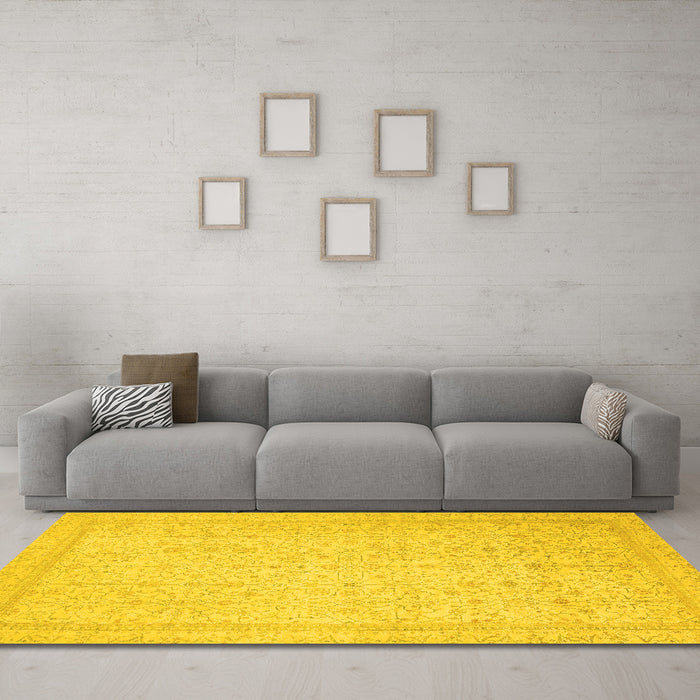 Machine Washable Oriental Yellow Traditional Rug in a Living Room, wshabs2728yw