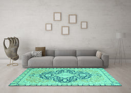 Machine Washable Geometric Turquoise Traditional Area Rugs in a Living Room,, wshabs2732turq