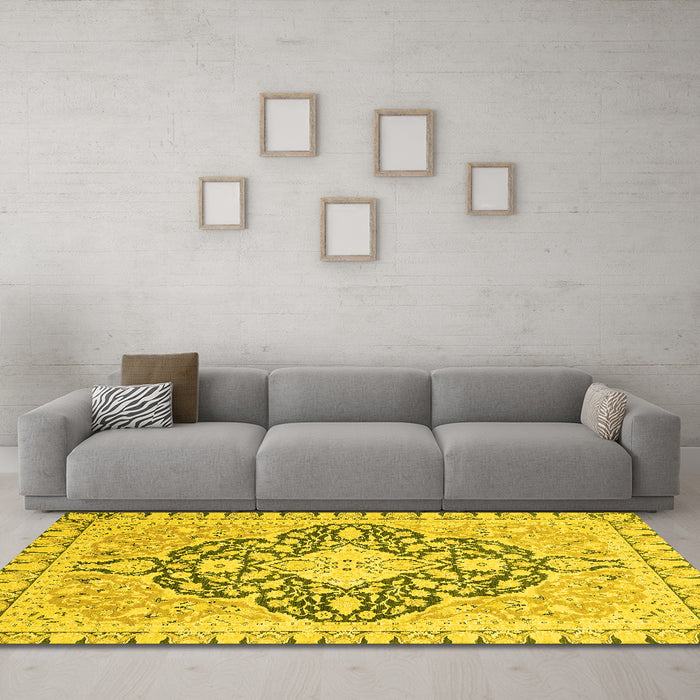 Machine Washable Geometric Yellow Traditional Rug in a Living Room, wshabs2732yw