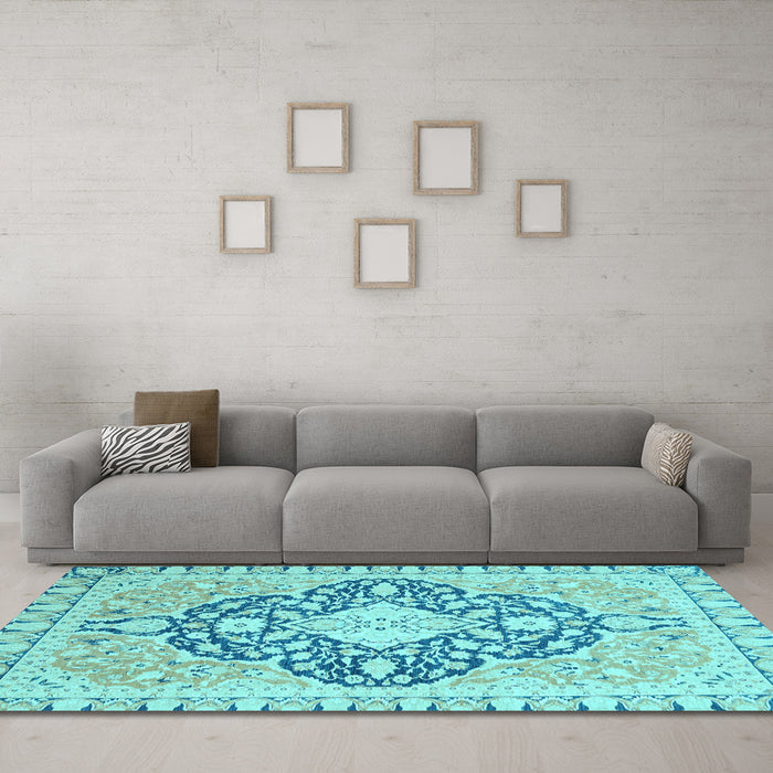Machine Washable Geometric Light Blue Traditional Rug in a Living Room, wshabs2732lblu