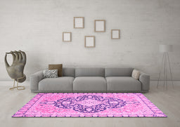 Machine Washable Geometric Pink Traditional Rug in a Living Room, wshabs2732pnk