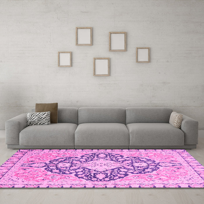 Machine Washable Geometric Pink Traditional Rug in a Living Room, wshabs2732pnk