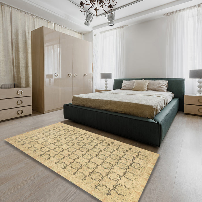 Machine Washable Abstract Metallic Gold Rug in a Bedroom, wshabs2734