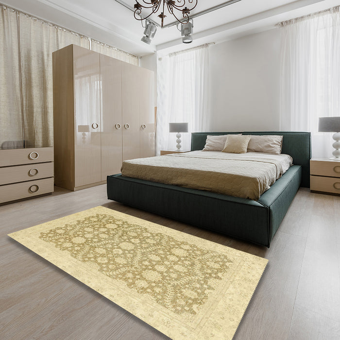 Machine Washable Abstract Brown Gold Rug in a Bedroom, wshabs2736