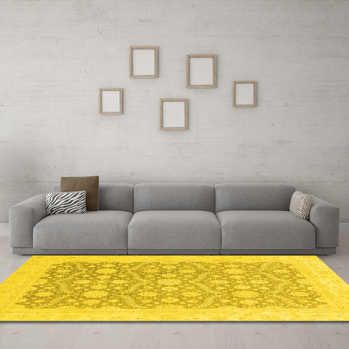 Machine Washable Oriental Yellow Traditional Rug in a Living Room, wshabs2736yw