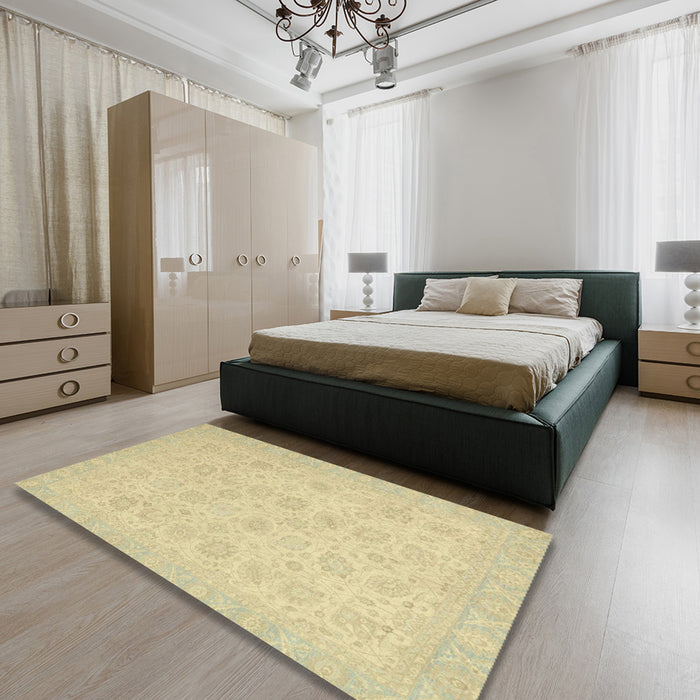 Machine Washable Abstract Brown Gold Rug in a Bedroom, wshabs2737