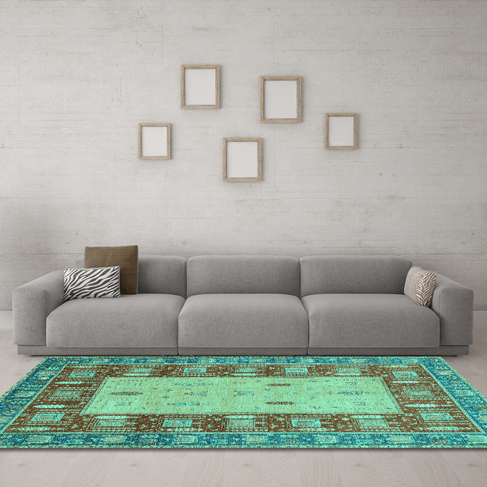 Machine Washable Abstract Turquoise Modern Area Rugs in a Living Room,, wshabs2741turq
