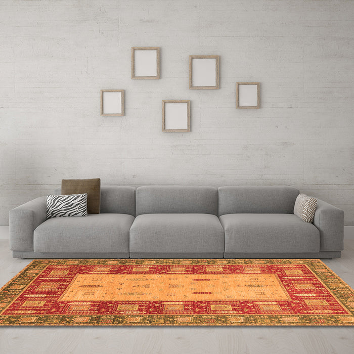 Machine Washable Abstract Orange Modern Area Rugs in a Living Room, wshabs2741org