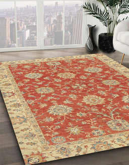Abstract Orange Red Oriental Rug in Family Room, abs2742