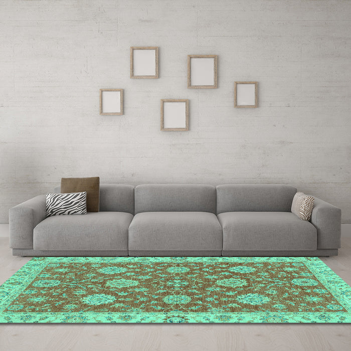 Machine Washable Oriental Turquoise Traditional Area Rugs in a Living Room,, wshabs2742turq