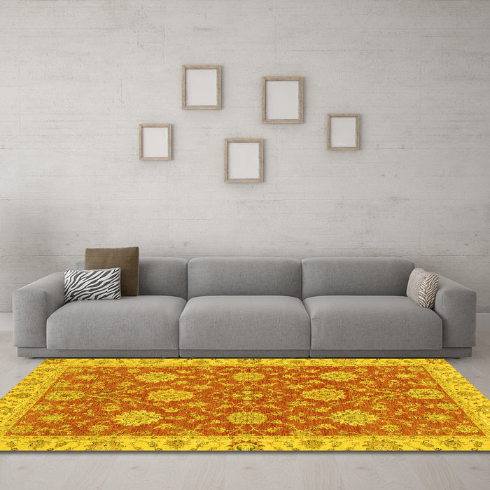 Machine Washable Oriental Yellow Traditional Rug in a Living Room, wshabs2742yw