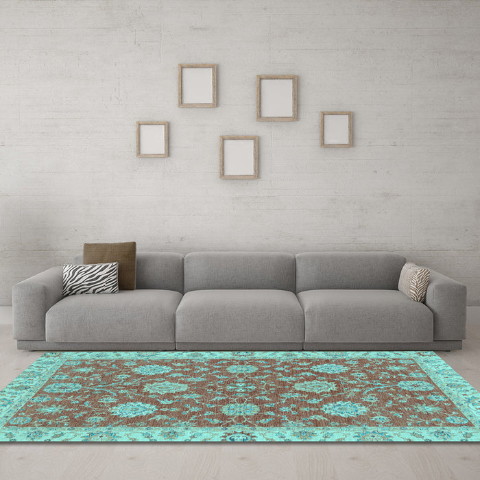 Machine Washable Oriental Light Blue Traditional Rug in a Living Room, wshabs2742lblu