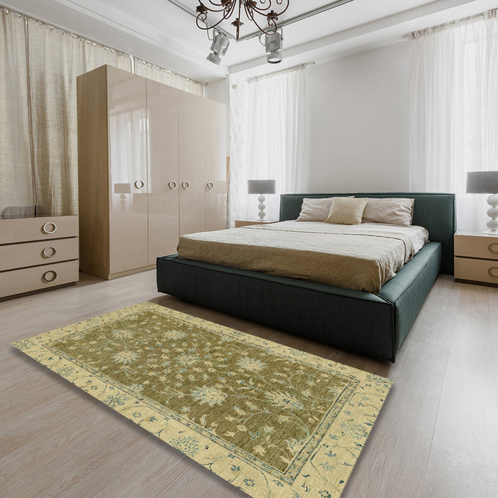 Machine Washable Abstract Metallic Gold Rug in a Bedroom, wshabs2744