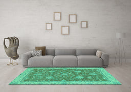 Machine Washable Oriental Turquoise Traditional Area Rugs in a Living Room,, wshabs2744turq