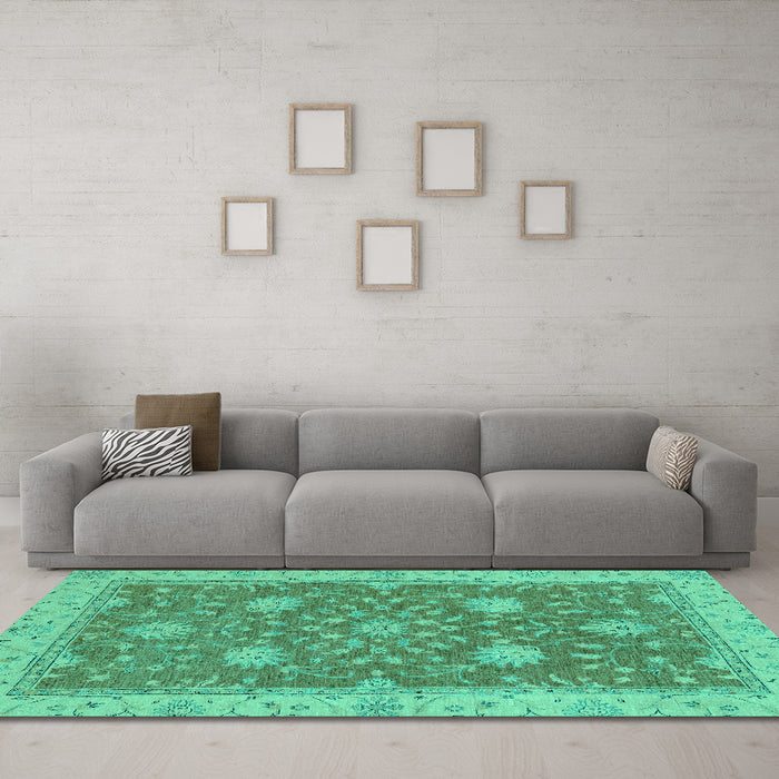 Machine Washable Oriental Turquoise Traditional Area Rugs in a Living Room,, wshabs2744turq
