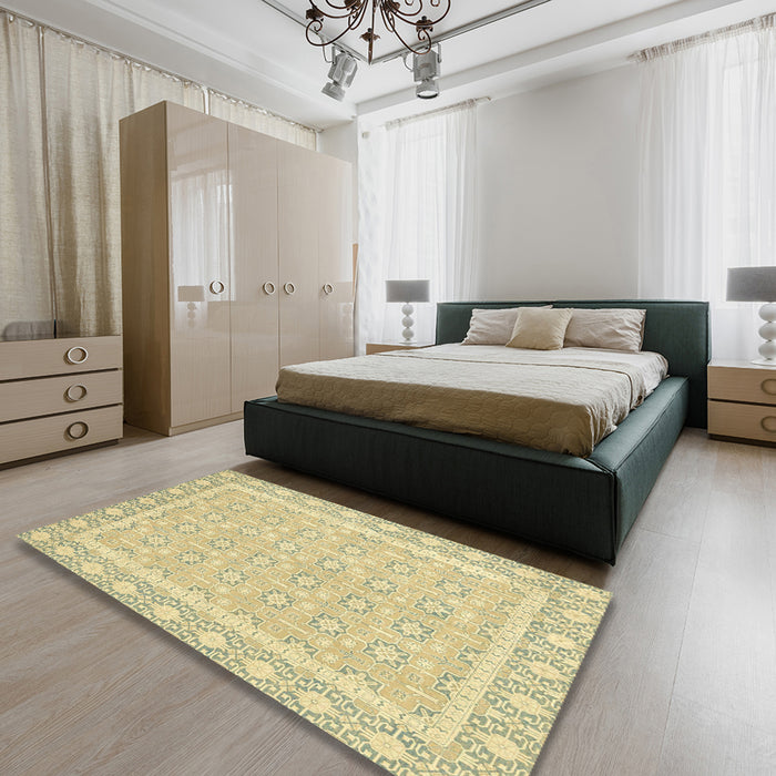 Abstract Copper Green Oriental Rug in a Bedroom, abs2746