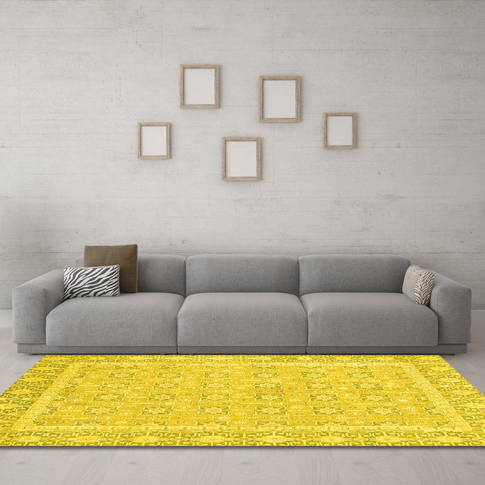 Machine Washable Oriental Yellow Traditional Rug in a Living Room, wshabs2746yw