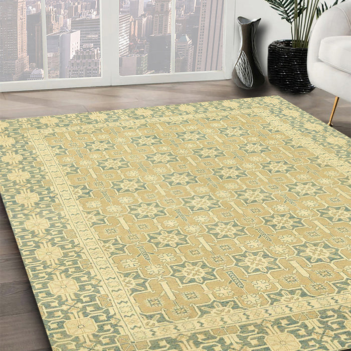 Abstract Copper Green Oriental Rug in Family Room, abs2746