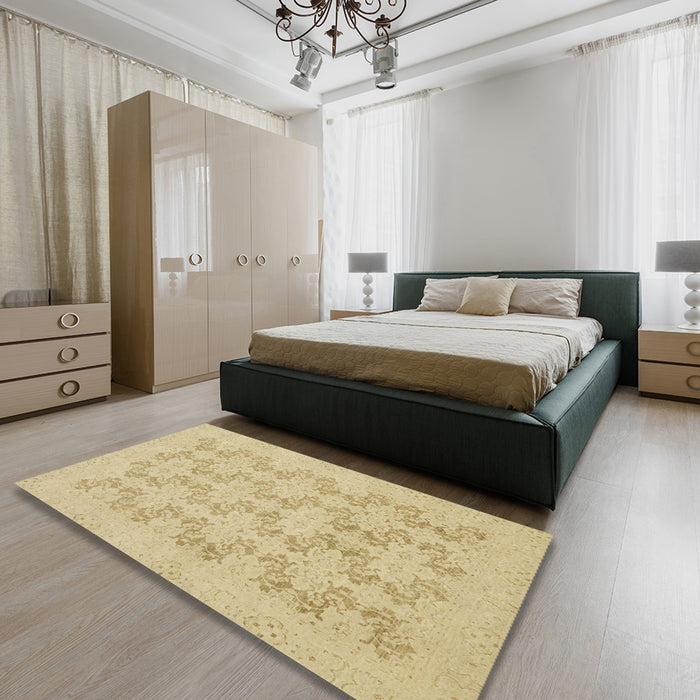 Abstract Metallic Gold Modern Rug in a Bedroom, abs2747