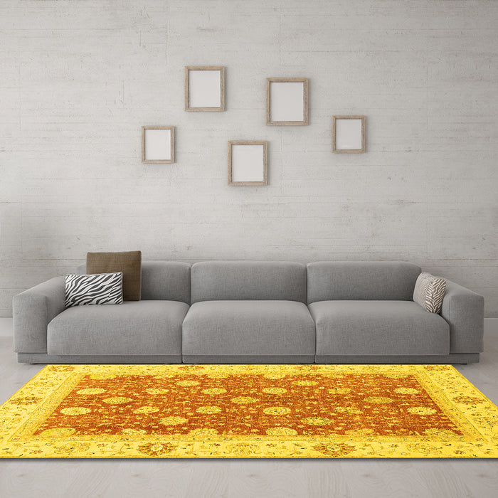 Machine Washable Oriental Yellow Traditional Rug in a Living Room, wshabs2751yw