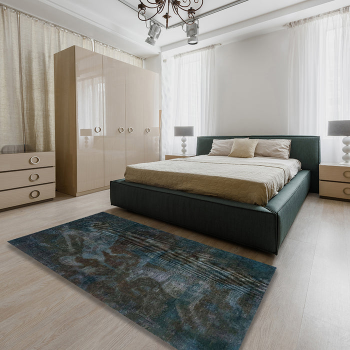 Machine Washable Abstract Blue Moss Green Rug in a Bedroom, wshabs2753