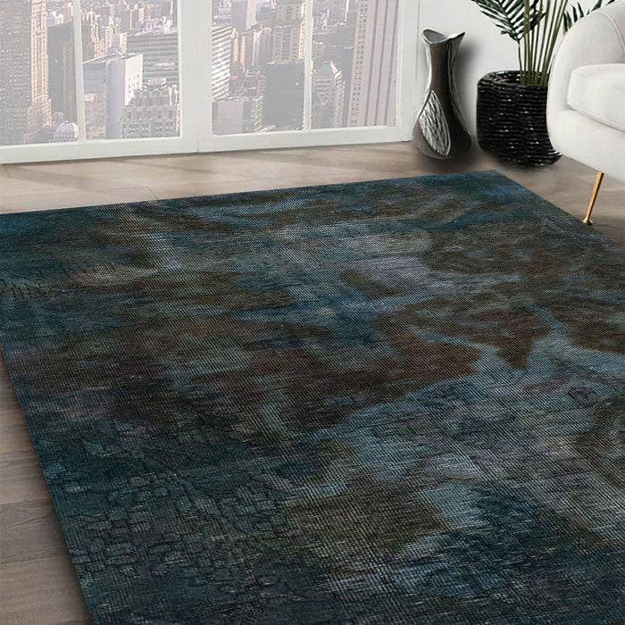 Machine Washable Abstract Blue Moss Green Rug in a Family Room, wshabs2753