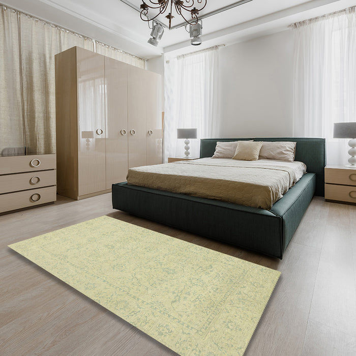 Machine Washable Abstract Brown Gold Rug in a Bedroom, wshabs2755