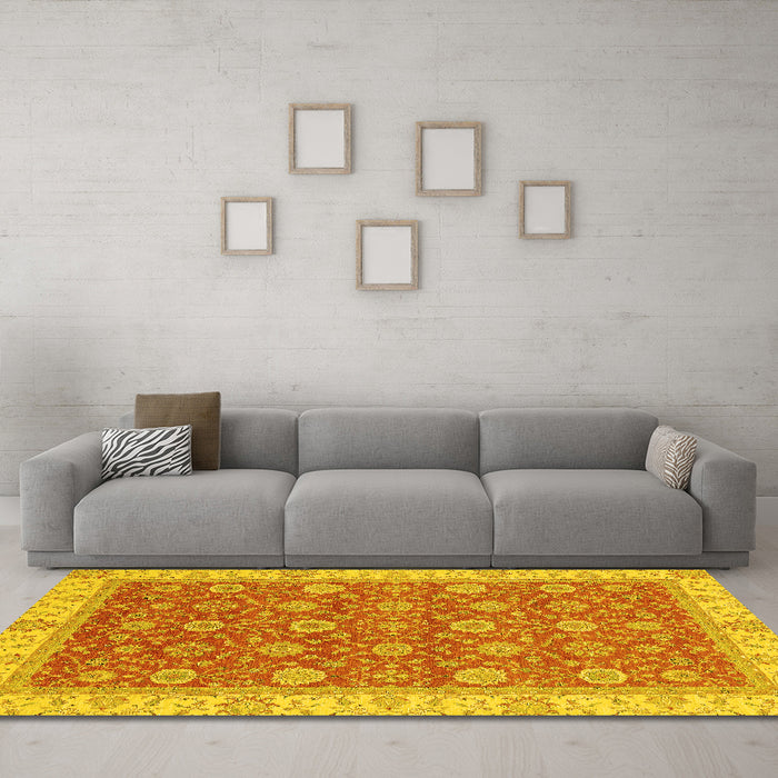 Machine Washable Oriental Yellow Traditional Rug in a Living Room, wshabs2759yw