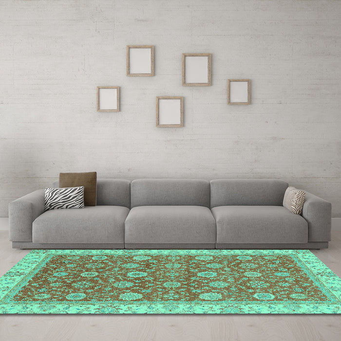 Machine Washable Oriental Turquoise Traditional Area Rugs in a Living Room,, wshabs2759turq