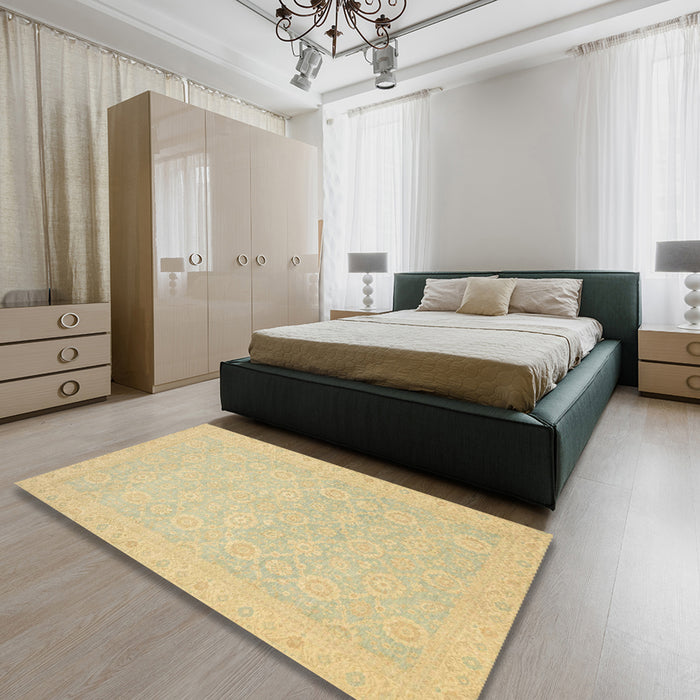 Abstract Metallic Gold Oriental Rug in a Bedroom, abs2761