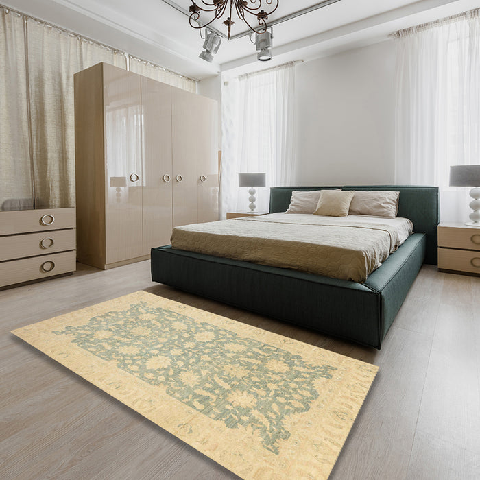 Machine Washable Abstract Brown Gold Rug in a Bedroom, wshabs2762