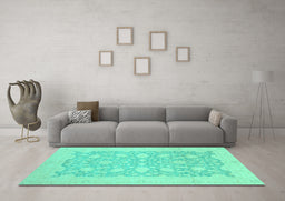 Machine Washable Oriental Turquoise Traditional Area Rugs in a Living Room,, wshabs2762turq