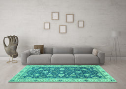 Machine Washable Oriental Turquoise Traditional Area Rugs in a Living Room,, wshabs2768turq