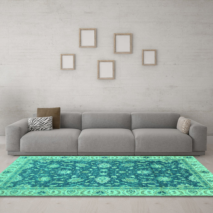 Machine Washable Oriental Turquoise Traditional Area Rugs in a Living Room,, wshabs2768turq