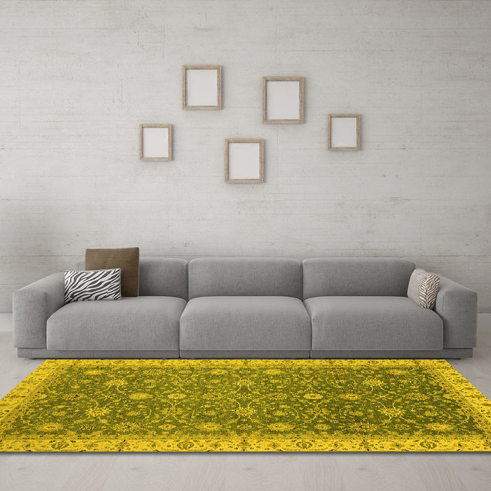 Machine Washable Oriental Yellow Traditional Rug in a Living Room, wshabs2769yw