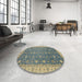 Round Abstract Dark Khaki Green Oriental Rug in a Office, abs2769