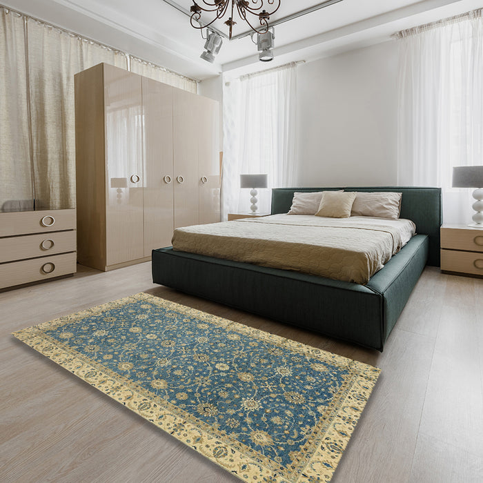 Abstract Dark Khaki Green Oriental Rug in a Bedroom, abs2769