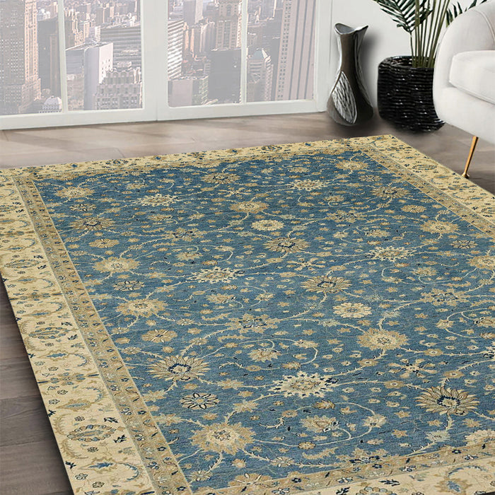 Abstract Dark Khaki Green Oriental Rug in Family Room, abs2769