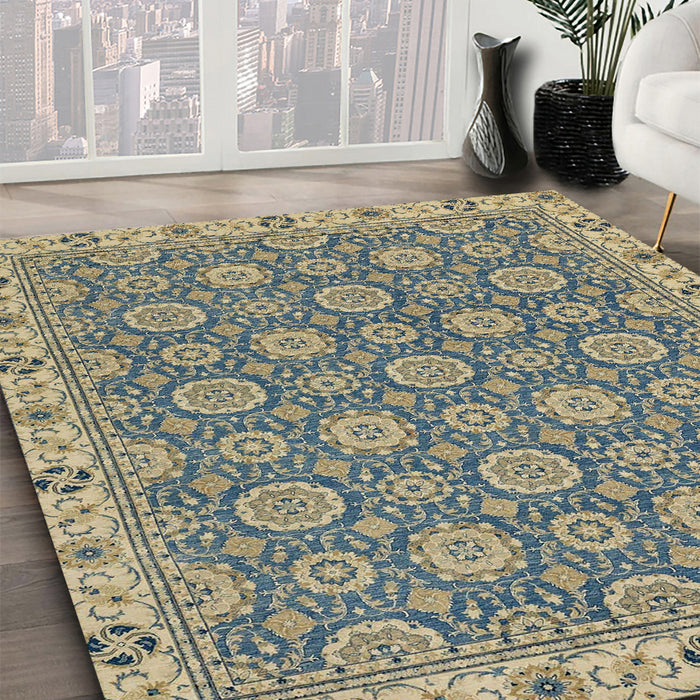 Abstract Brownish Green Oriental Rug in Family Room, abs2770
