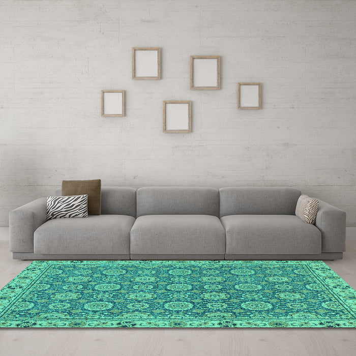 Machine Washable Oriental Turquoise Traditional Area Rugs in a Living Room,, wshabs2770turq