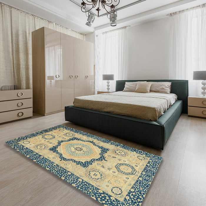 Abstract Brown Gold Modern Rug in a Bedroom, abs2772
