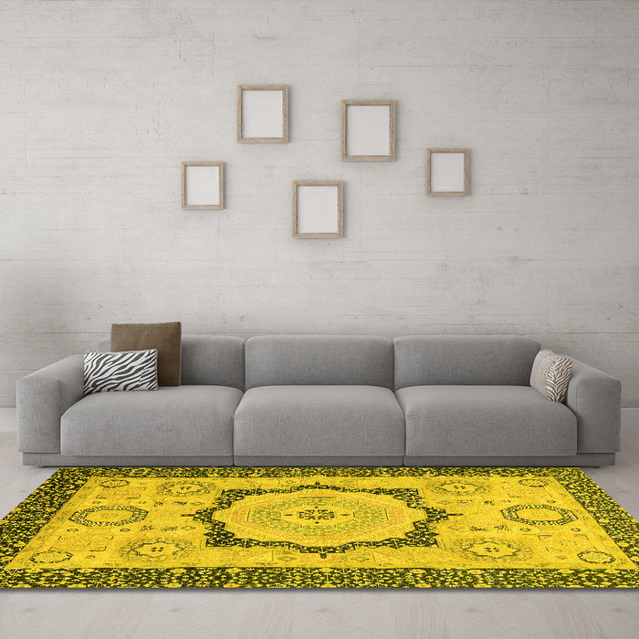 Machine Washable Abstract Yellow Modern Rug in a Living Room, wshabs2772yw