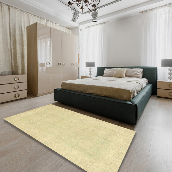 Abstract Brown Gold Oriental Rug in a Bedroom, abs2773