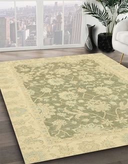 Abstract Copper Green Oriental Rug in Family Room, abs2774