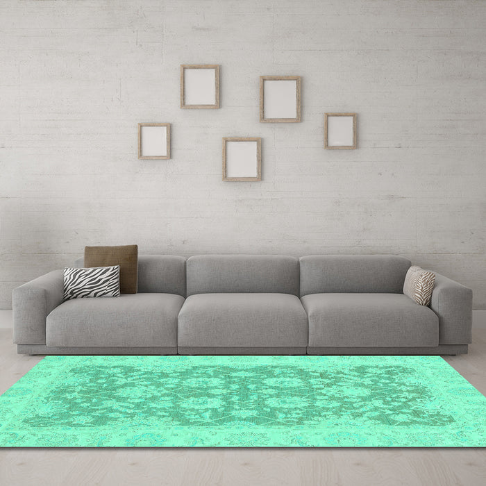 Machine Washable Oriental Turquoise Traditional Area Rugs in a Living Room,, wshabs2774turq