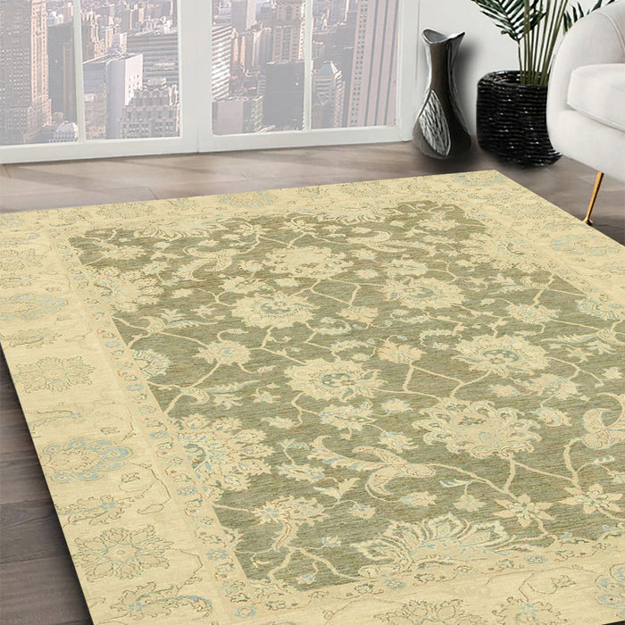 Abstract Copper Green Oriental Rug in Family Room, abs2774