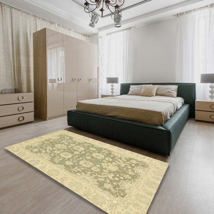 Machine Washable Abstract Brass Green Rug in a Bedroom, wshabs2774