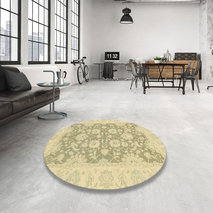 Round Abstract Copper Green Oriental Rug in a Office, abs2774