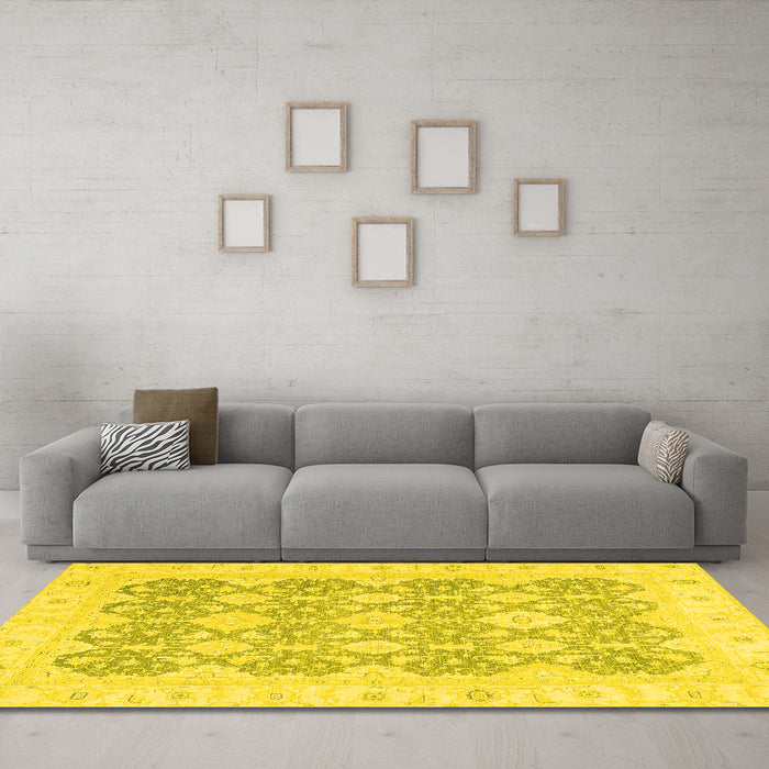 Machine Washable Oriental Yellow Traditional Rug in a Living Room, wshabs2776yw